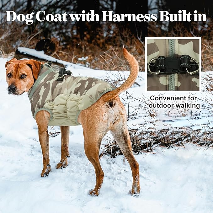 Lelepet Warm Dog Winter Coat Dog Coats for Large Dogs Waterproof Dogs Jacket with Harness Built in Reflective Cold Weather Coats Windproof Zip-Up Winter Fleece Vest Snowsuit Boxer Desert Camo XL
