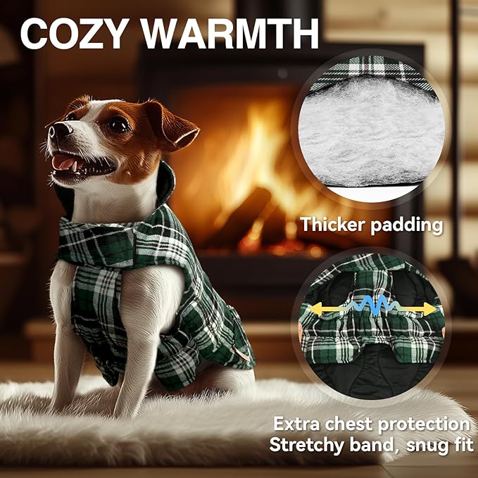 VIVAGLORY Softjoy Dog Coat, Dog Jacket for Winter & Christmas, Coat with Harness Hole & Velcro Closure, Reversible Plaid Checkered Warm Fluffy Heavy Duty for Puppy, XXS, Green