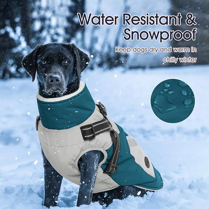 IECOii Dog Winter Jacket for Small Dogs, Waterproof Dog Coat with Harness Built in, Windproof Reflective Zip Up Fleece Jacket for Dogs, Puppy Thermal Warm Snowsuit for Cold Weather, Turquoise Green, S