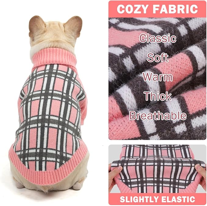 SCENEREAL Turtleneck Dog Sweater for Small Medium Large Dogs Girls Boys, Christmas Plaid Pullover Puppy Sweatershirt, Dogs Cold Weather Outfit Clothes, Ideal Gift for Pet in New Year, Pink Plaid SM