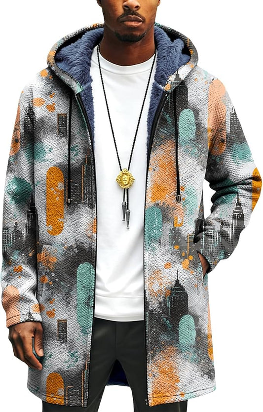 Mens Long Cardigan Hoodies Full Zip Fleece Lined Jackets Fashion Knitted Color Block Hooded Coat with Pockets