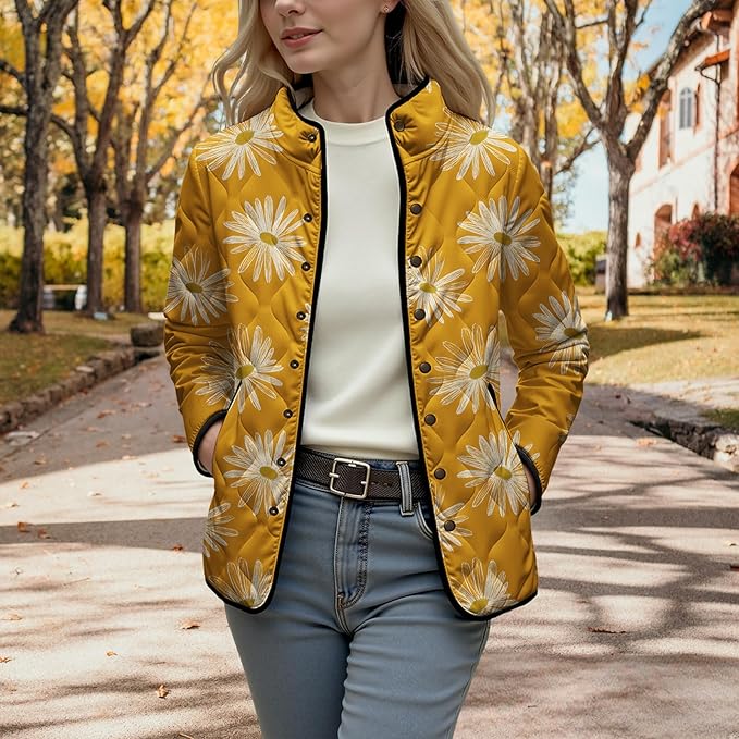 LIZALIG Women's Cropped Puffer Jacket Lightweight Floral Print Long Sleeve Padded Quilted Puffy Cardigan Coat