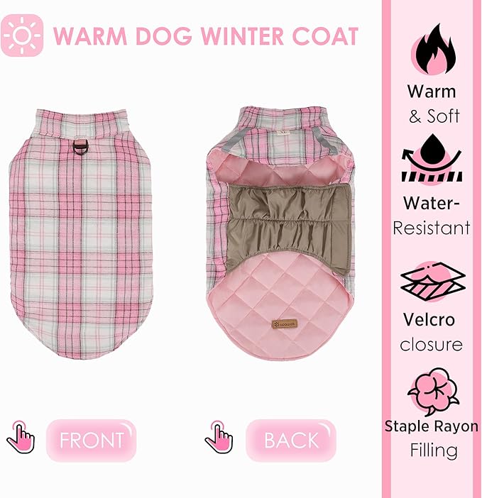 Quilted Dog Winter Coat, Plaid Lined Reversible Vest, Reflective Safety Strip, Cold Weather Pet Apparel Pink XS