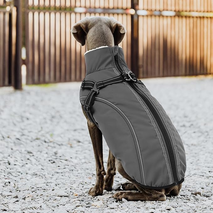 Dog Winter Coat with Harness Built in Warm Puffer Dog Jackets for Small Medium Large Dogs Windproof Waterproof Outfit with Plush Lining and Reflective Stripes (Grey, 3XL)