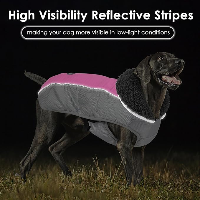 Dog Coat, Waterproof Ripstop Dog Winter Jacket with Leash Hole, Reflective Adjustable Warm Pet Fleece Snow Sweater for Small Medium Large Dogs - Pink, M