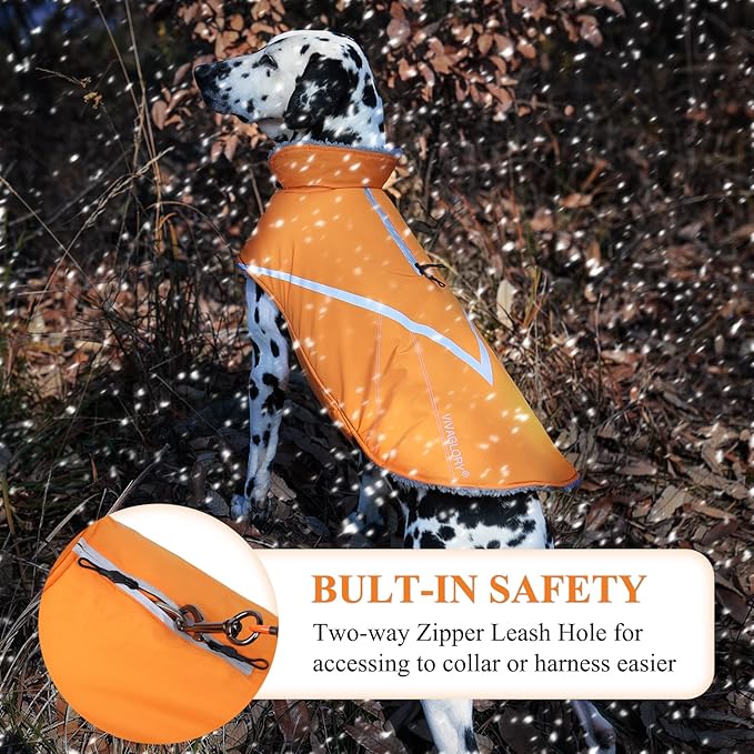 VIVAGLORY Snowrap Dog Coat, Jacket with Harness Hole & Velcro Closure, Dog Coat for Winter & Cold Weather, Fluffy Warm Fleece Lined Reflective Water Resistant for Puppy, M, Orange