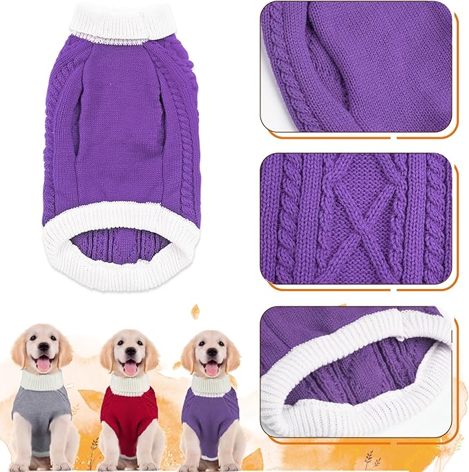 Small Dog Sweaters with Leash Hole Turtleneck Dog Sweaters Knitwear Boys Girls Warm Soft and High Stretch Pet Clothes for Fall Winter，Pet Shirts for Kitten Puppy Purple Large