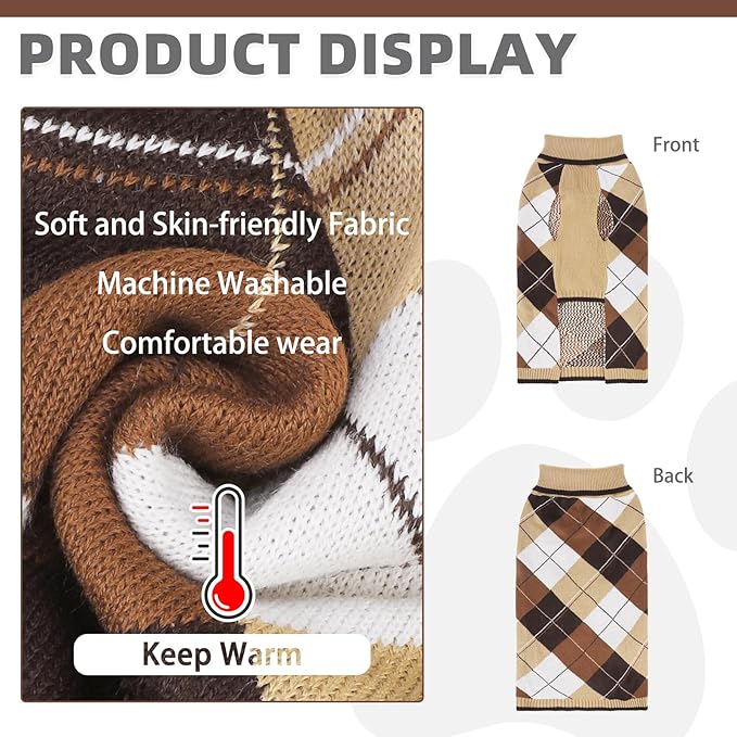KOOLTAIL Dog Sweater Pet Knitted Clothes - Classic Plaid Pullover Turtleneck Thick Warm Fall Dog Sweaters with Leash Hole, Soft Dog Winter Clothes for Small Medium Large Dogs Cats Puppy Girls Boys, L