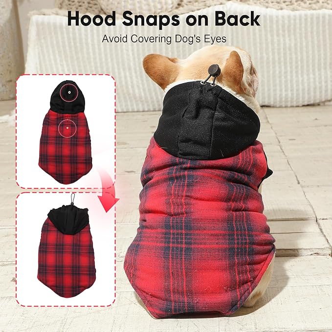 Fleece Lining Dog Hoodie for Large Dogs Extra Warm Plaid Sweater with Drawstring Hooded Coats in Winter Doggie Jacket,Red XXL