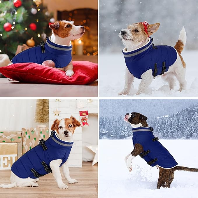 Dogcheer Dog Coat, Waterproof Dog Jacket with Harness, Reflective Adjustable Puppy Winter Coat with Zipper, Christmas Snow Jacket Clothes for Small Medium Large Dogs - Blue 3XL