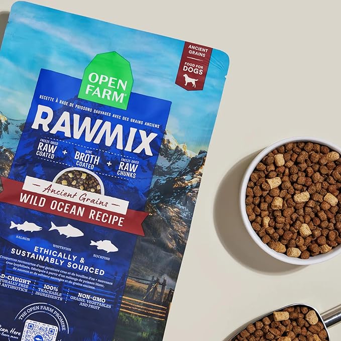 Open Farm, RawMix Dry Dog Food with Ancient Grains, Protein-Packed Kibble Coated in Bone Broth with Freeze Dried Raw Chunks, Salmon Whitefish & Rockfish,Wild Ocean Recipe, 3.5lb Bag