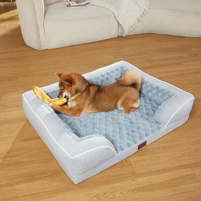 Orthopedic Dog Beds for Extra Large Sized Dogs, Waterproof Memory Foam XXL Pet Bed 48x30Inch, Non-Slip Bottom and Egg-Crate Foam Dog Couch Bed with Washable Removable Cover, Light Grey