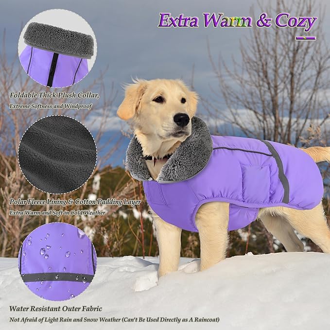 Dogcheer Warm Dog Coat, Waterproof Dog Jacket Christmas Puppy Winter Coat with Buckle, Reflective Adjustable Pet Snow Jacket Fleece Sweater for Small Medium Large Dogs - Taro Purple S