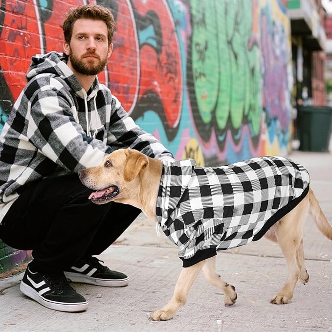KOOLTAIL Plaid Dog Hoodie Pet Clothes Sweater with Hat and Pocket for Small Medium Large Size Dogs, Soft Winter Warm Dog Cold Weather Coat, Fleece Fall Dog Hooded Sweatshirt for Puppy Cats, White L