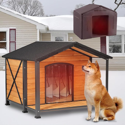 Extra Large Insulated Dog House Outdoor, Weatherproof Wooden Dog House with Porch for Winter with 6 Sides All-Round Foam with Strong Metal Chew Proof Frame