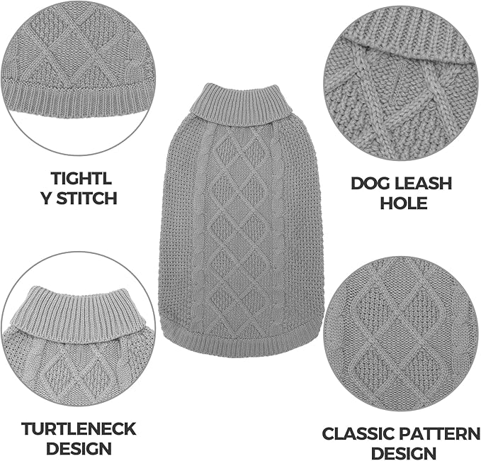 Mihachi Turtleneck Dog Sweater - Winter Coat Apparel Classic Cable Knit Clothes with Leash Hole for Cold Weather, Ideal Gift for Pet in New Year Grey S