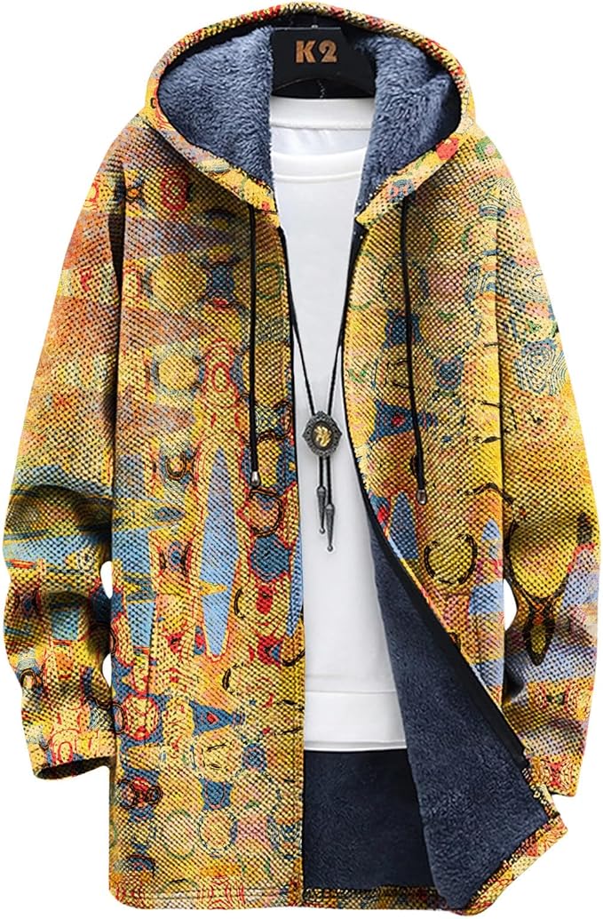 LIZALIG Long Hooded Cardigan Men Japanese Art Style Fashion Cool Graphic Coats Winter Warm Lined Fleece Jacket