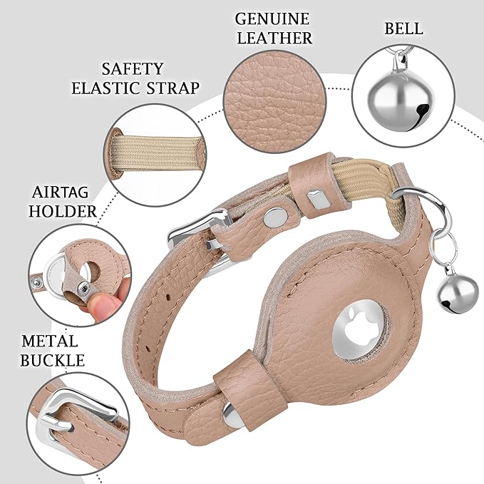 OOPSDOGGY Cat Collar for AirTag Holder, Leather Kitten Collars with Elastic Strap & Bell, Non Breakaway Adjustable Small Pet Collars for Indoor & Outdoor for Boy, Girl (Beige)