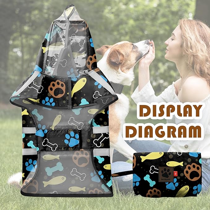 Dog Raincoat, Adjustable Rain Jacket with Hooded Double Layer for Large Medium Small Dogs Puppies, Lightweight Waterproof Rain Coat Poncho with Reflective Stripe Paw Print Black,L