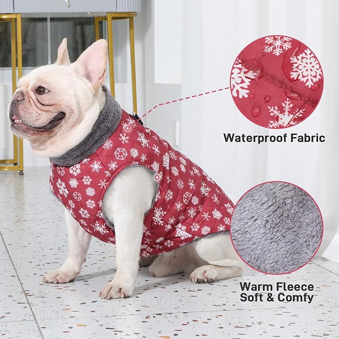 Warm Fleece Dog Coats with Durable Harness Buitl in D-Ring,Waterproof Doggie Jacket for Large Dogs,Dog Vest for Cold Winter,Red,Snow Pattern XXL