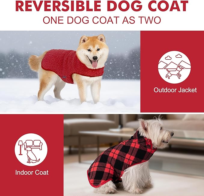 cyeollo 2XL Dog Coat, Sherpa Winter Dogs Sweater Warm Fleece Doggie Coats Turtleneck Reversible Jackets for Small Medium Large Dogs with Leash Hole, Soft Cold Weather Vest, Buffalo Plaid XXL
