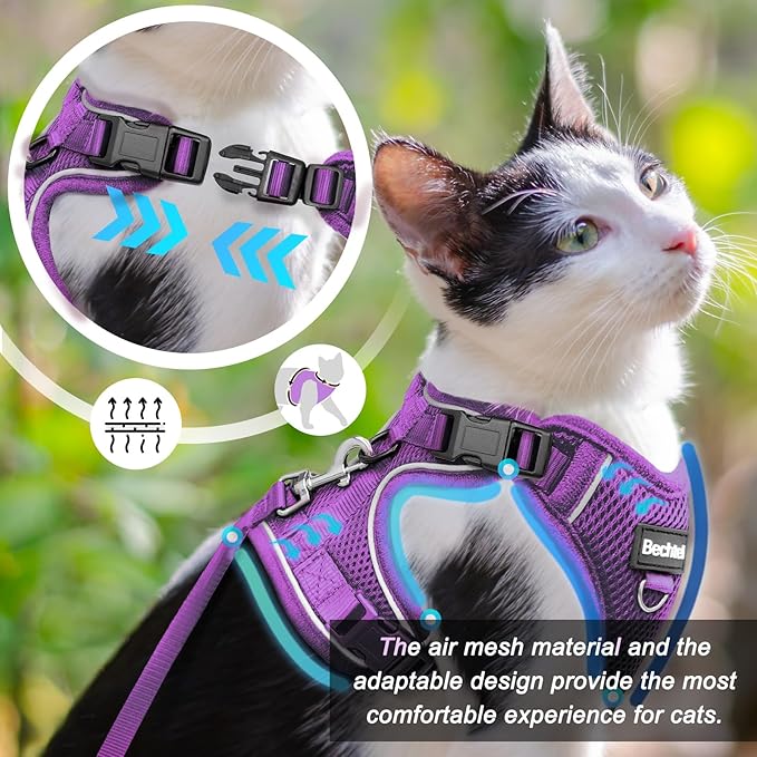Cat Harness and Leash for Walking, The Upgrade Can be Adjusted in Four Directions and Breathable Cat Harness for Anti Escape That can be Fitted and Positioned, Reflective Strips Harness, Purple,M