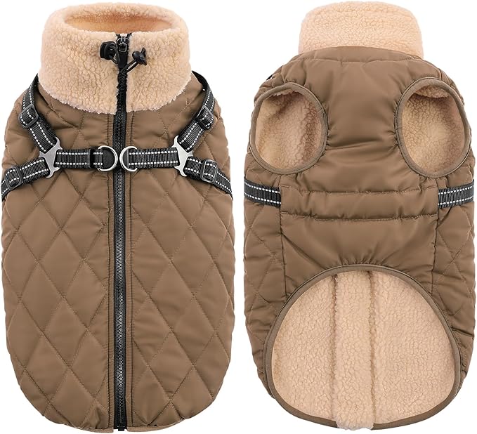 Queenmore Dog Jacket, Dog Coats for Large Dogs, Large Pet Coat with Harness Built in, Thick Fleece Snow Jacket for Extra Large Breeds, Waterproof Windproof Pet Apparel Cold Weather, Brown 3XL