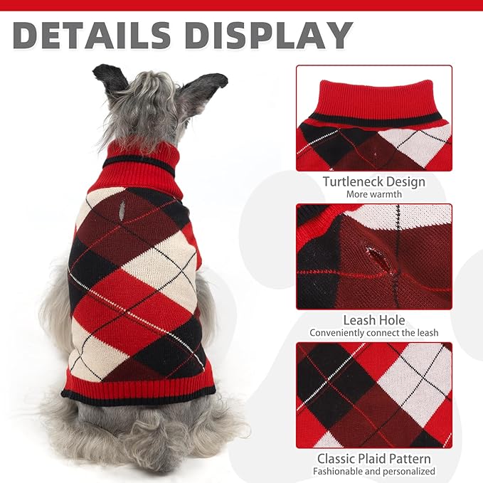 KOOLTAIL Dog Sweater Pet Knitted Clothes-Classic Plaid Pullover Turtleneck Red Fleece Dog Christmas Sweaters with Leash Hole, Thick Warm Dog Winter Clothes for Small Medium Large Dogs Cats Puppy, L