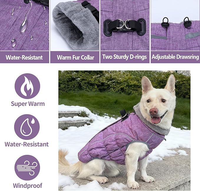 Malier Dog Coat, Reflective Dog Jacket Waterproof Windproof Puppy Cold Weather Coats with Harness Built in, Winter Extra Warm Pet Coat Fleece Vest for Small Large Pets and Puppy (Purple, Small)