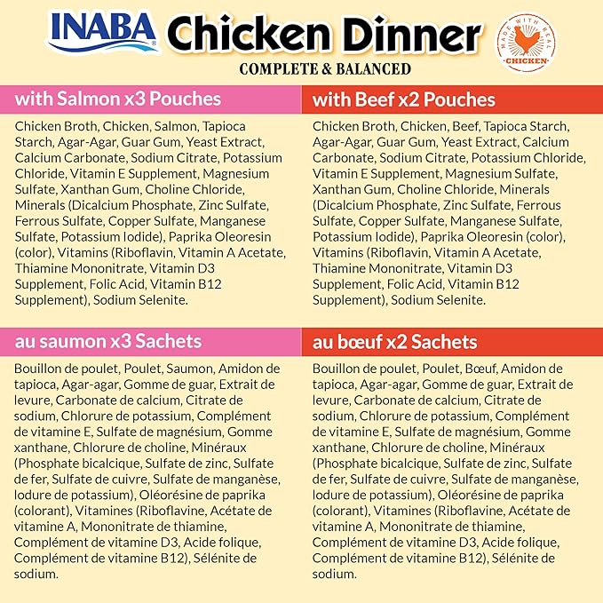 INABA Chicken Dinner for Dogs, Soft Pate Wet Dog Food, Complete & Balanced, 2.4 oz. Pouch, 15 Pouches, Salmon & Beef Variety