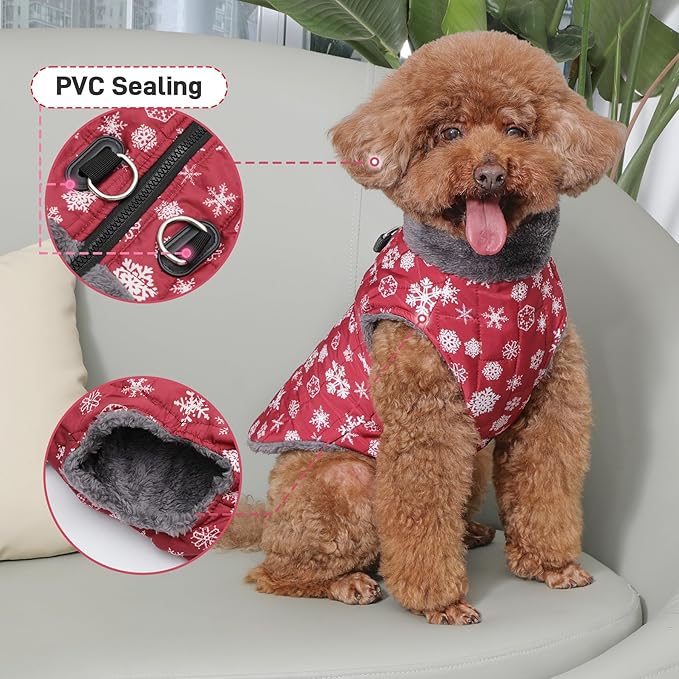 Warm Fleece Dog Coats with Durable Harness Buitl in D-Ring,Waterproof Doggie Jacket for Large Dogs,Dog Vest for Cold Winter,Red,Snow Pattern XXXL