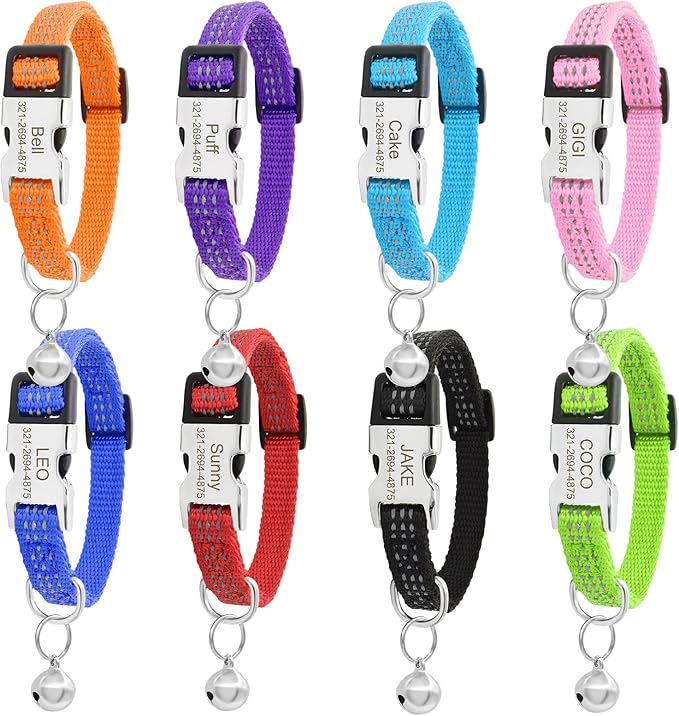 Personalized Reflective Nylon Cat Collar with Name Phone,Custom Engraved Buckle Cat Collar with Bell,Adjustable for Small Dogs Puppy Kitten (Navy Blue,fit 7.5''-12.0'')