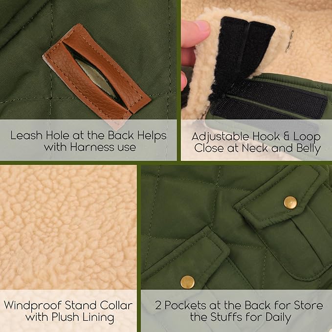 ASENKU Warm Dog Winter Coat, Waterproof Dog Coat for Cold Weather, Fleece Dogs Jacket with Ultra Thick Plush Lining Leash Hole Storage Pockets for Small Dogs (Green, Small)