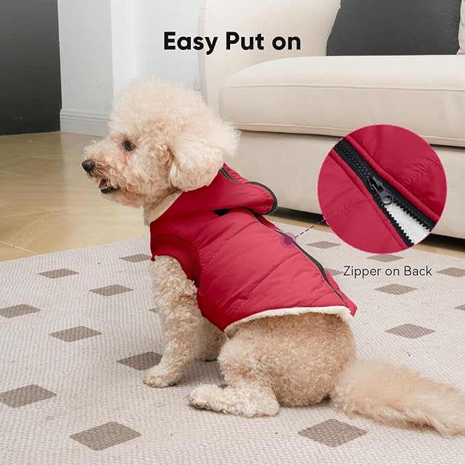 Fleece Lining Dog Hoodie with Harness Built in,Extra Warm Large Dog Jacket in Winter Doggie Coats with Hooded,Red XXXL
