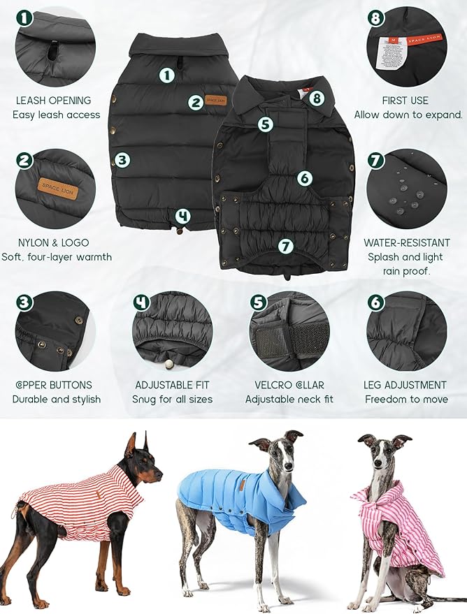 SPACE LION Dog Puffer Jacket, Down Winter Coat, Durable Outdoor Coat for Cold and Windy Conditions, Waterproof, Lightweight Jacket, Adjustable Fit for Small, Medium, Large Dogs(Black,24/2XL)