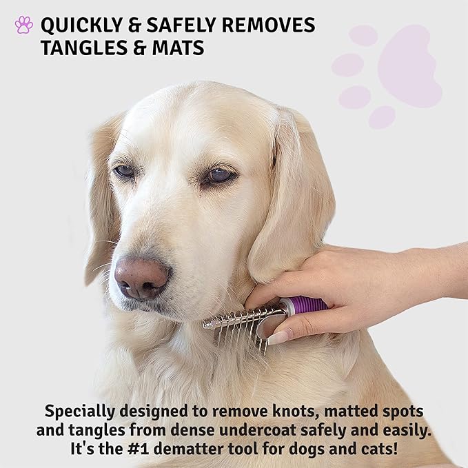 Poodle Pet Bundle - Detangling Pet Comb for Removing Matted Fur, Knots, and Tangles + Dematting Fur Rake Comb Brush for Dogs and Cats + Slicker Brush for Grooming and Deshedding Pet Undercoat Hair
