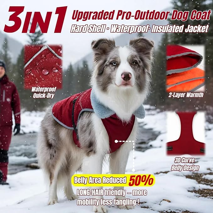 Insulated Dog Winter Jacket with 2 Layer Warmth, Hard Shell Pet Coat with Full-Body Reflective Strip, Waterproof & Thick Coats for Large Dogs with Leash Portal, Durable 3D Belly Cut Clothes(Wine, L)