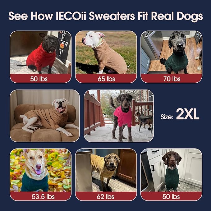 IECOii XXL Dog Sweater,Thermal Knit Big Dog Sweater with Sleeve,Pet Turtleneck Doggy Sweatshirt for Extra Large Dogs Boy Girl,Stretchy Large Dogs Cold Weather Outfit Pitbull Clothes,(Rose red,XXL)