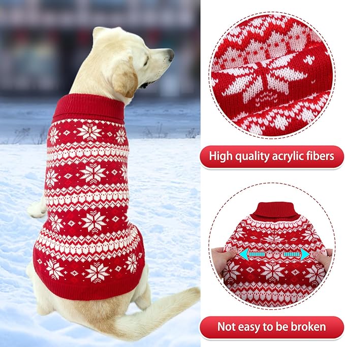 KOOLTAIL Cable Knit Dog Sweater Turtleneck, Cold Weather Pullover Classic Knitwear, Snowflake Pattern Thick Warm Winter Pet Clothes,Dog Christmas Sweater for Small Medium Large Dogs,Red XL