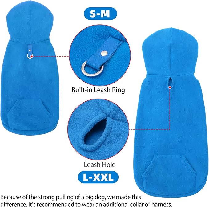 EXPAWLORER Dog Hoodie Fleece Sweater Vest, Hooded Dog Sweatshirt Fall Winter Pet Clothes with Leash Ring, Sleeveless Warm Cozy Puppy Clothing for Cat Small Medium Large Dogs Girl Boy, Blue M