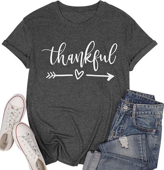 NIUBIA Women's T Shirts Summer Tops Simple Heart Graphic Shirts Sayings Short Sleeve Vacation Casual Blouse Thankful Tee
