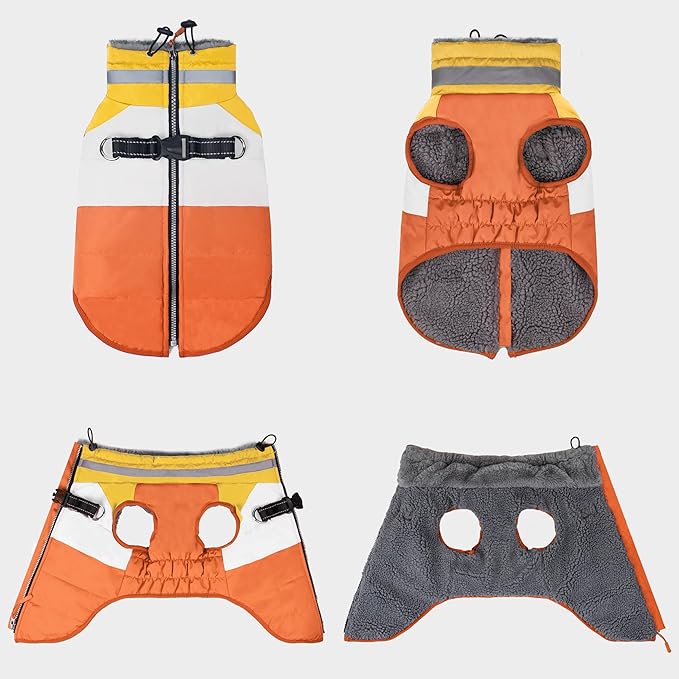 azuza Dog Jacket for Small Dogs Waterproof Dog Coat with Reflective Strips and Harness Built in Warm Fleece Dogs Winter Coat Windproof with Back Zipper, Orange M