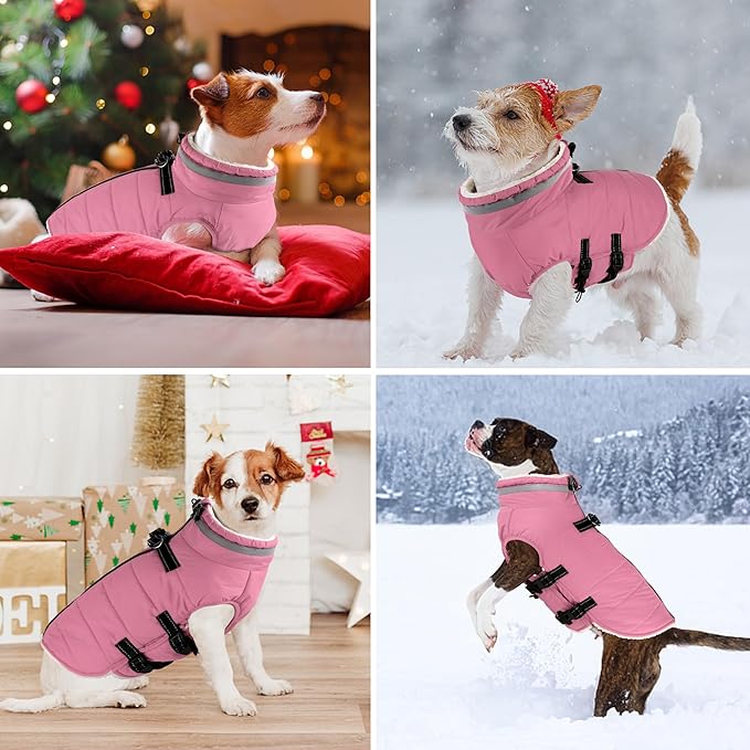 Dogcheer Dog Coat with Harness, Waterproof Dog Jacket Adjustable Winter Coat with Zipper, Christmas Puppy Snow Jacket Fleece Sweater for Small Medium Large Dogs - Light Pink M