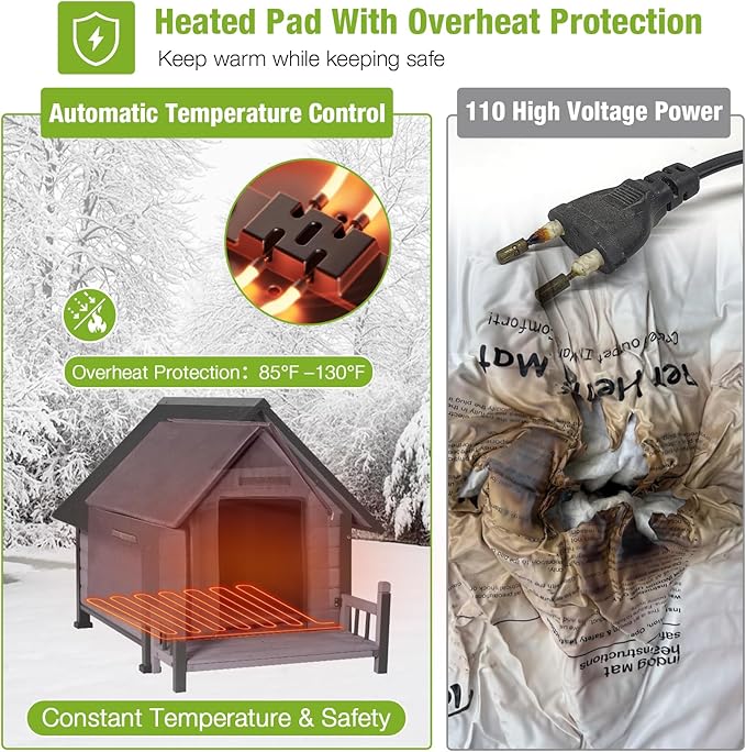 GUTINNEEN Heated Dog House for Outside Insulated Dog House Outdoor Weatherproof with Safe Heated Pad, Chew-Proof Metal Frame and Insulated Liner for Small to Medium Dogs, 32.9" L x 45" W x 32.6" H
