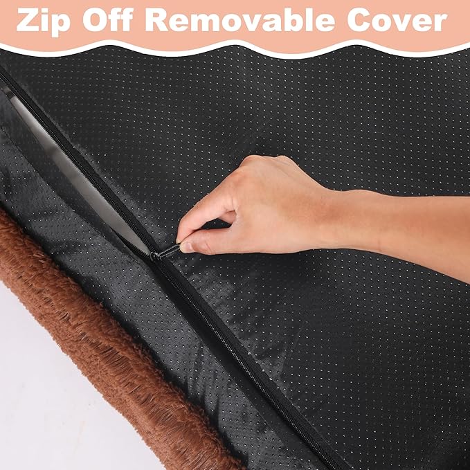 Bedfolks Waterproof Crate Bed, Plush Pad with Removable Cover, Faux Fur for Large Dogs, Washable Kennel Bed 35"x23", Solid Brown