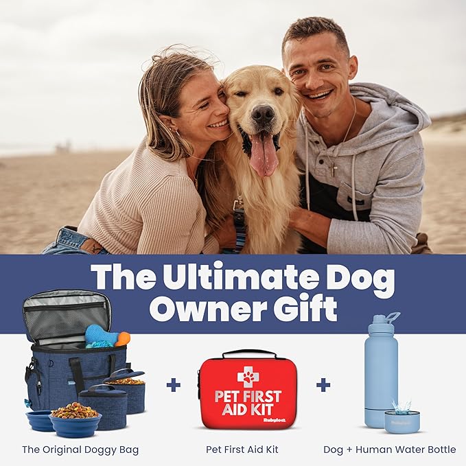The Original Doggy Bag™ - Complete Dog Travel Bag for Supplies with 2 BPA-Free Travel Dog Bowls & 2 Pet Food Containers - Traveling Kit for Road Trips, Camping, Weekend Away or Doggy Gift - Navy