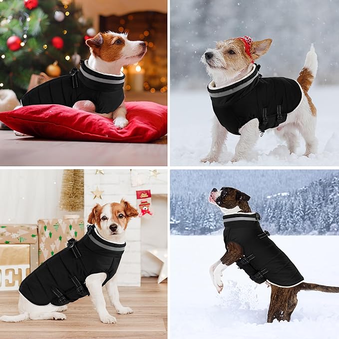 Dogcheer Dog Coat, Waterproof Dog Jacket with Harness, Reflective Adjustable Winter Coat with Zipper, Christmas Pet Snow Jacket Clothes for Small Medium Large Dogs - Black L