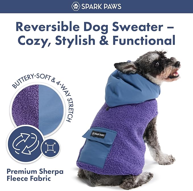 Spark Paws Reversible Dog Sweater, Sherpa Vest with Warm Fleece Lining, Warm Coat for Winter, Suitable for Small Medium, Large, XL XXL Dogs - Purple and Navy Blue - 2XL