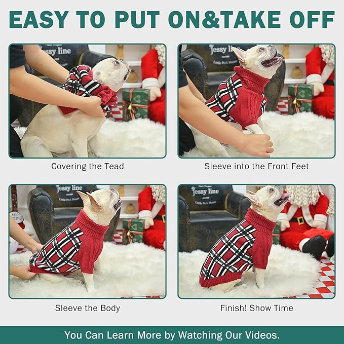 SCENEREAL Turtleneck Dog Sweater for Small Medium Large Dogs Girls Boys, Christmas Plaid Pullover Puppy Sweatershirt, Dogs Cold Weather Outfit Clothes, Ideal Gift for Pet in New Year, Green Plaid L