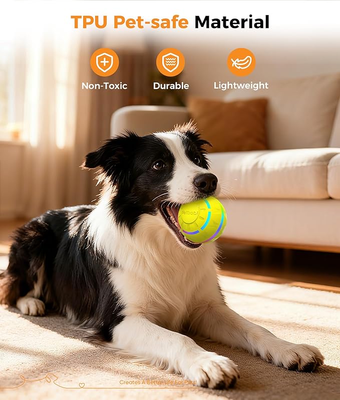 Petbobi Interactive Dog Toys – USB Rechargeable Automatic Rolling Ball with LED Light, Smart Bouncing Ball for Small Medium Pets to Exercise, Durable TPU Shell, Dog Toys to Keep Them Busy, Yellow